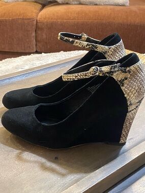 White House Black Market Black Suede Wedges with Snakeskin Ankle Strap